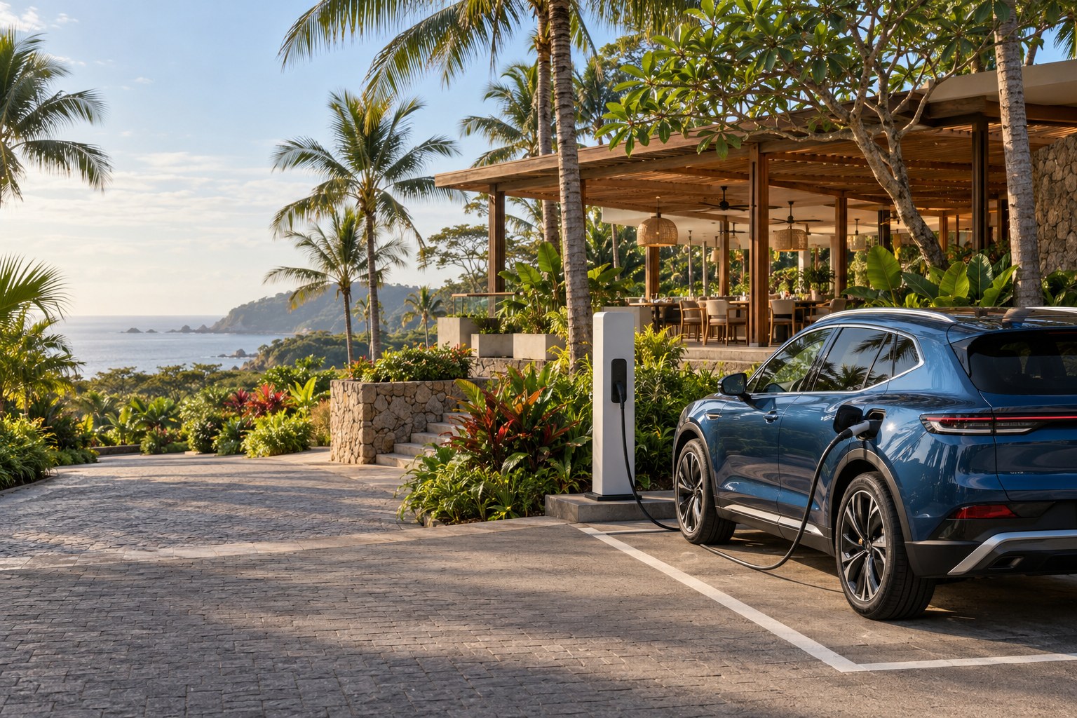 Escenario ilustrativo de un vehículo eléctrico conectado en un destino tropical
