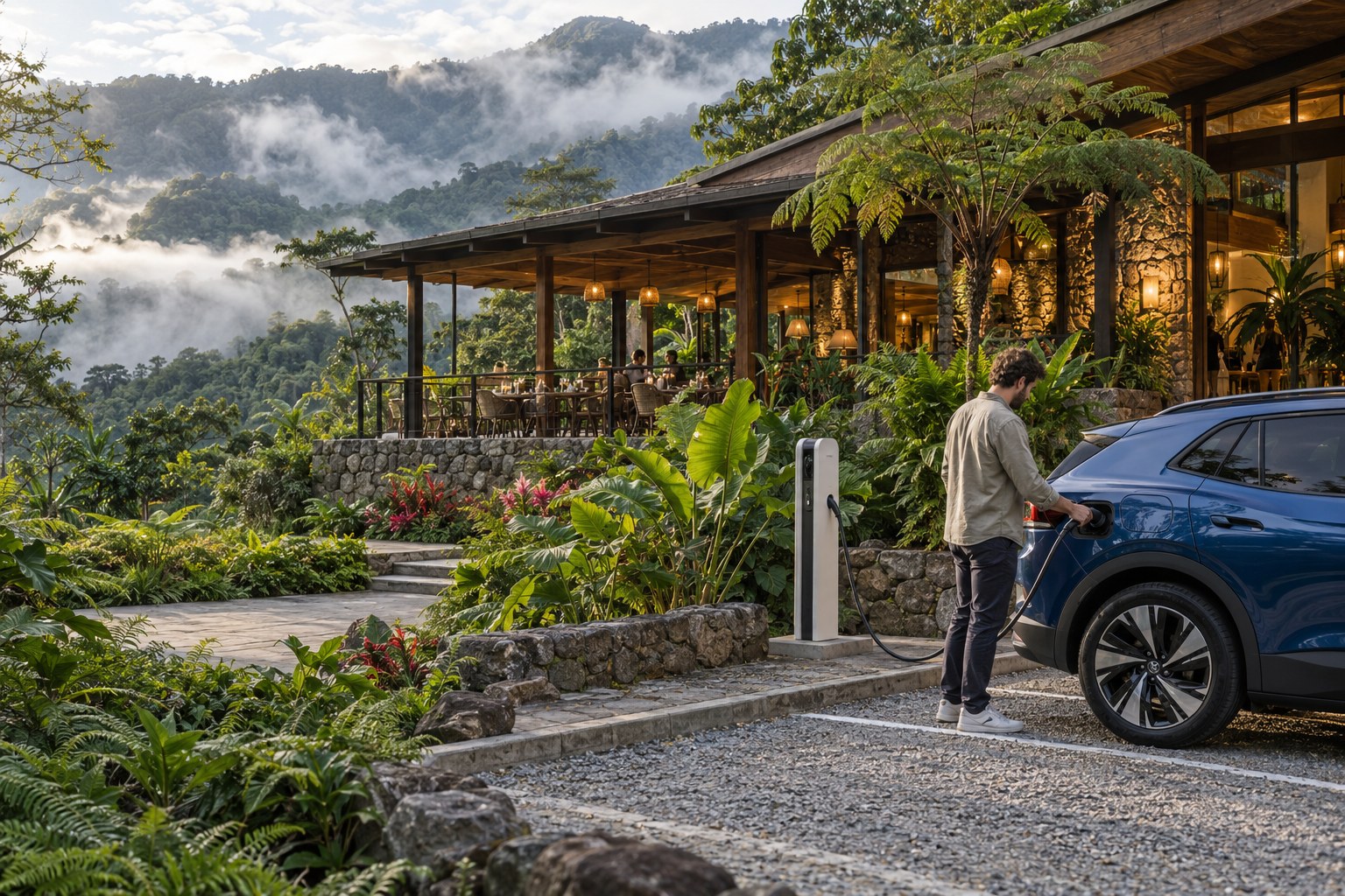 Escenario ilustrativo de un conductor conectando su vehículo eléctrico en un alojamiento de montaña
