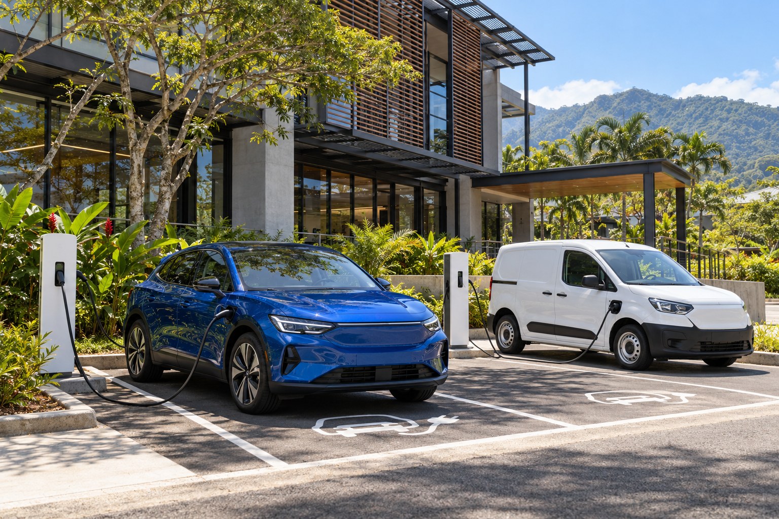 Escenario ilustrativo de carga eléctrica en una propiedad de oficinas y flotillas